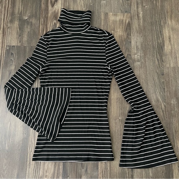Paige Kenzie Black and White Stripe Modal Turtleneck Bell Sleeve Ribbed Shirt - Picture 3 of 13